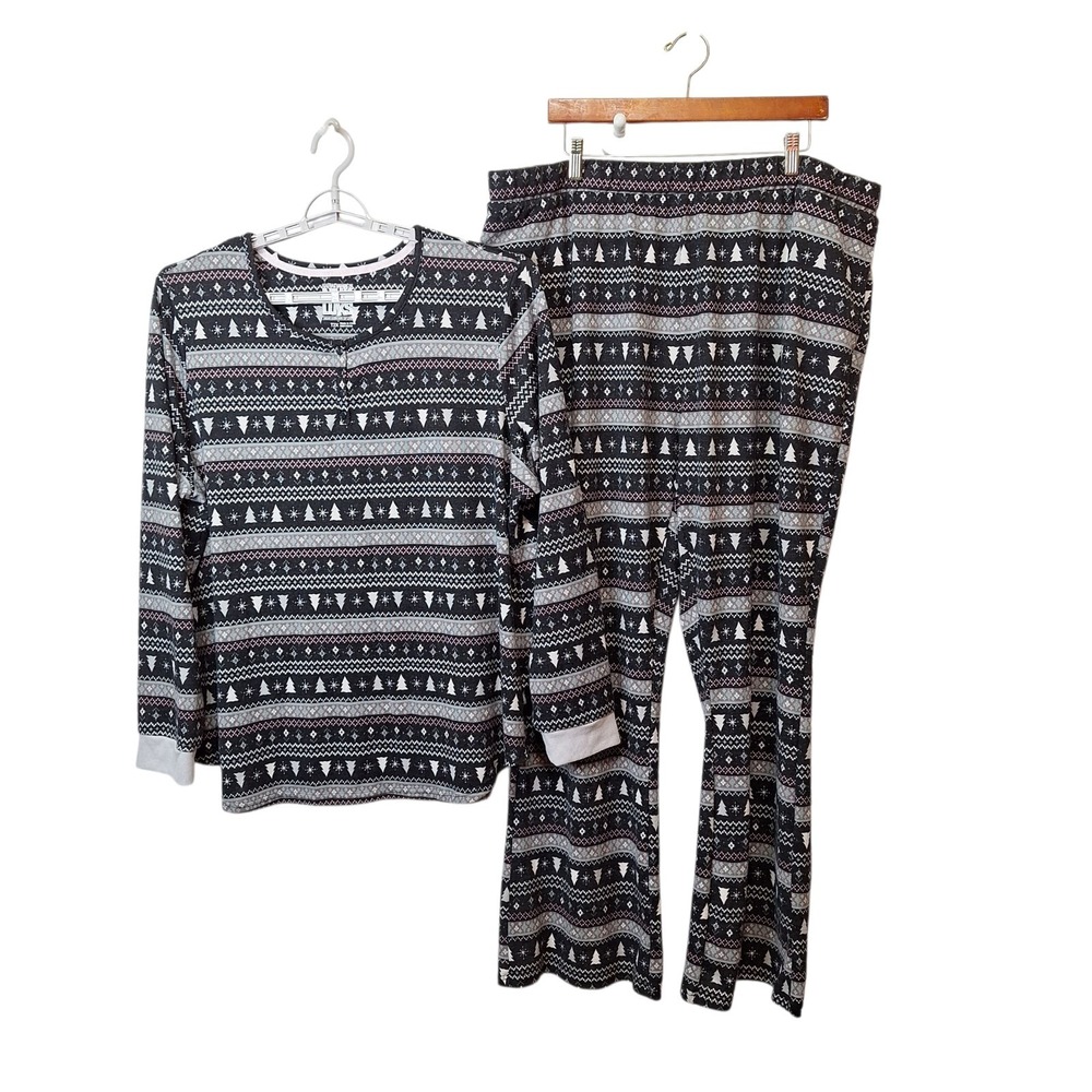 MUK LUKS Tall 2X Womens Hacci Knit Novelty Pajama Set Black Fair‎ Isle